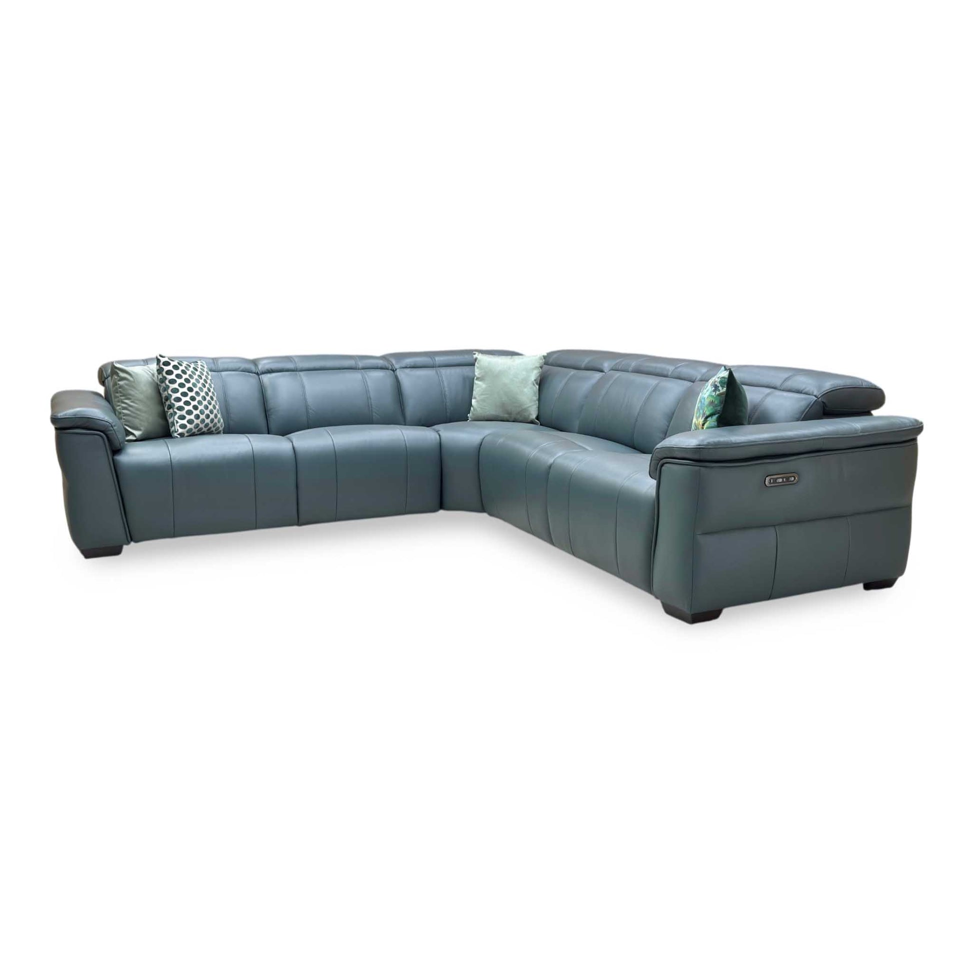 ‘Inca’ Cat-40_09 Peacock Green Leather Large Power Recliner Corner Sofa with Power Headrests Furniture Village