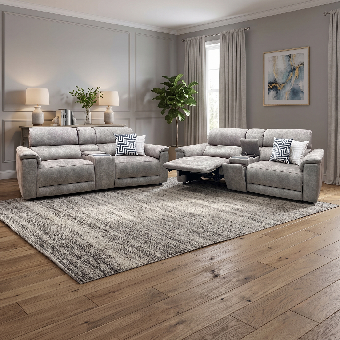 ‘Genius’ Marble Charcoal Grey Velvet Fabric 3 + 3 Seater Power Recliner Media Sofa Set with Power Headrests, Power Lumbar and Bluetooth Speakers Furniture Village