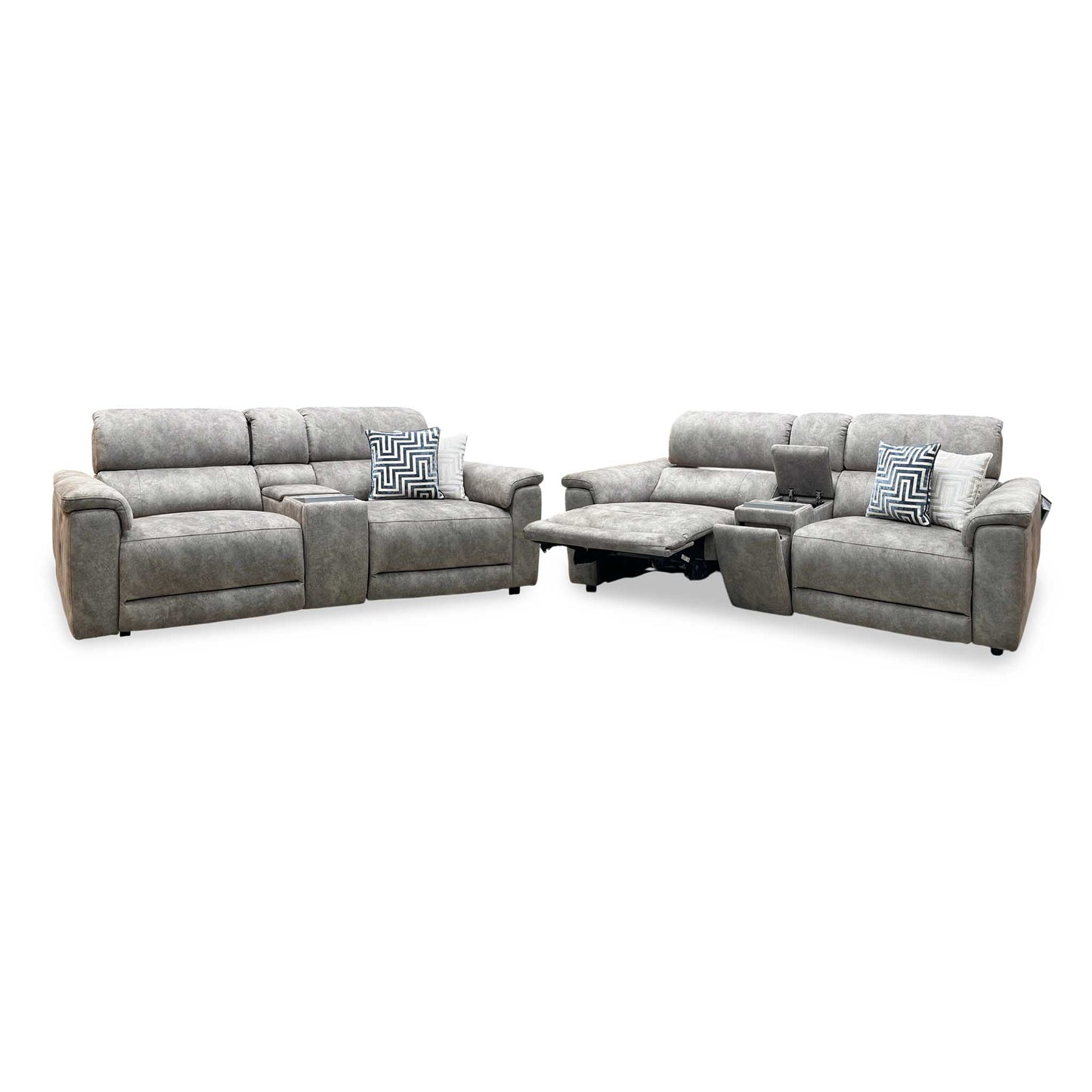 ‘Genius’ Marble Charcoal Grey Velvet Fabric 3 + 3 Seater Power Recliner Media Sofa Set with Power Headrests, Power Lumbar and Bluetooth Speakers Furniture Village