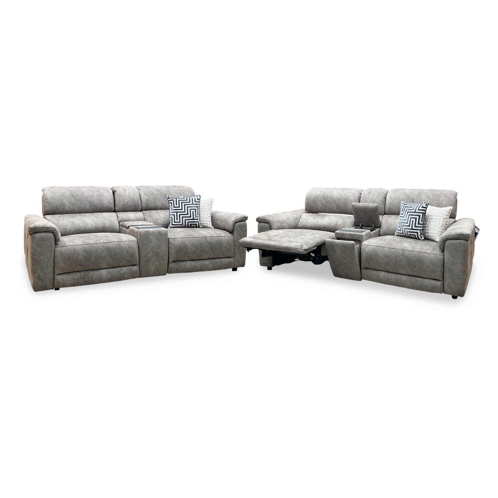 ‘Genius’ Marble Charcoal Grey Velvet Fabric 3 + 3 Seater Power Recliner Media Sofa Set with Power Headrests, Power Lumbar and Bluetooth Speakers Furniture Village