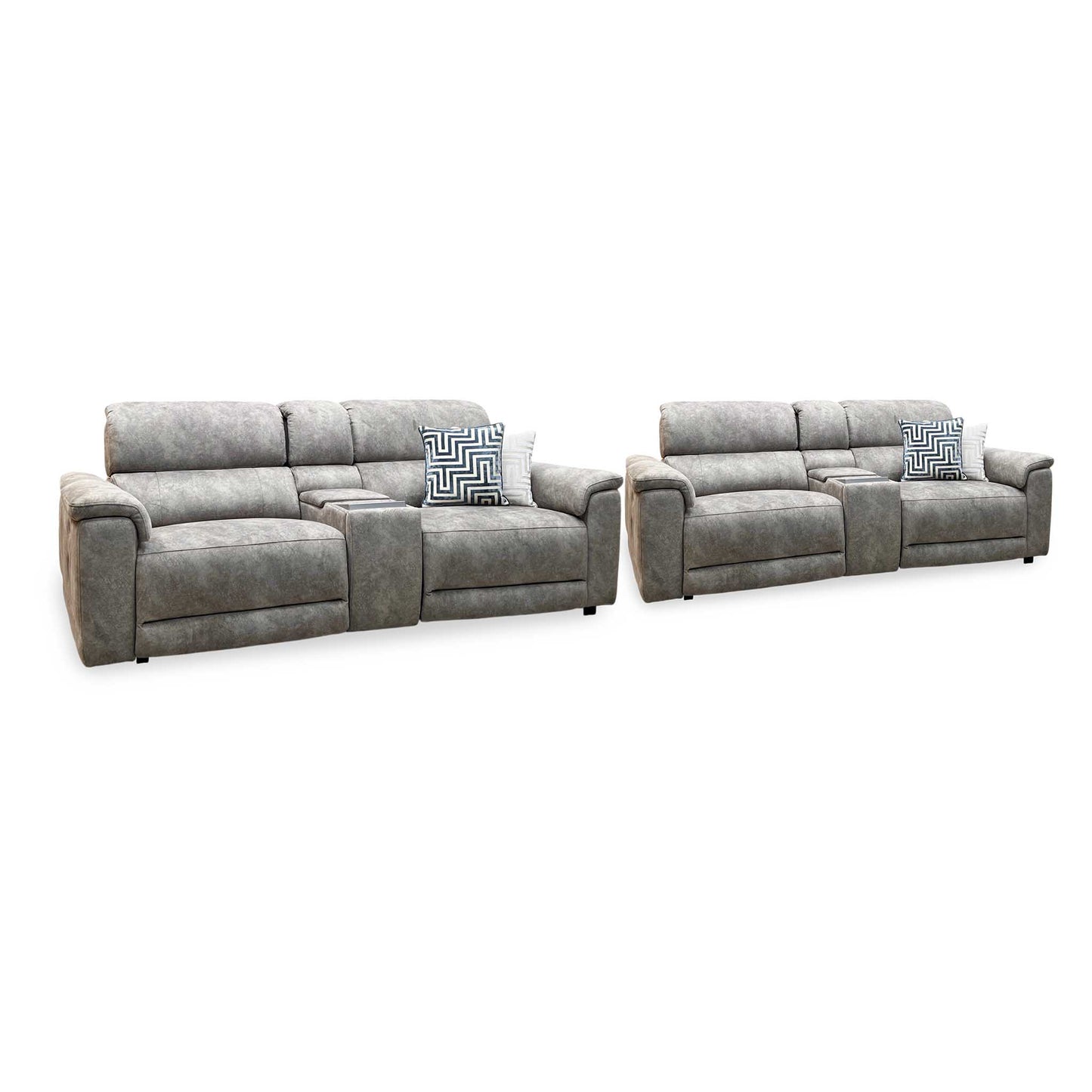 ‘Genius’ Marble Charcoal Grey Velvet Fabric 3 + 3 Seater Power Recliner Media Sofa Set with Power Headrests, Power Lumbar and Bluetooth Speakers Furniture Village