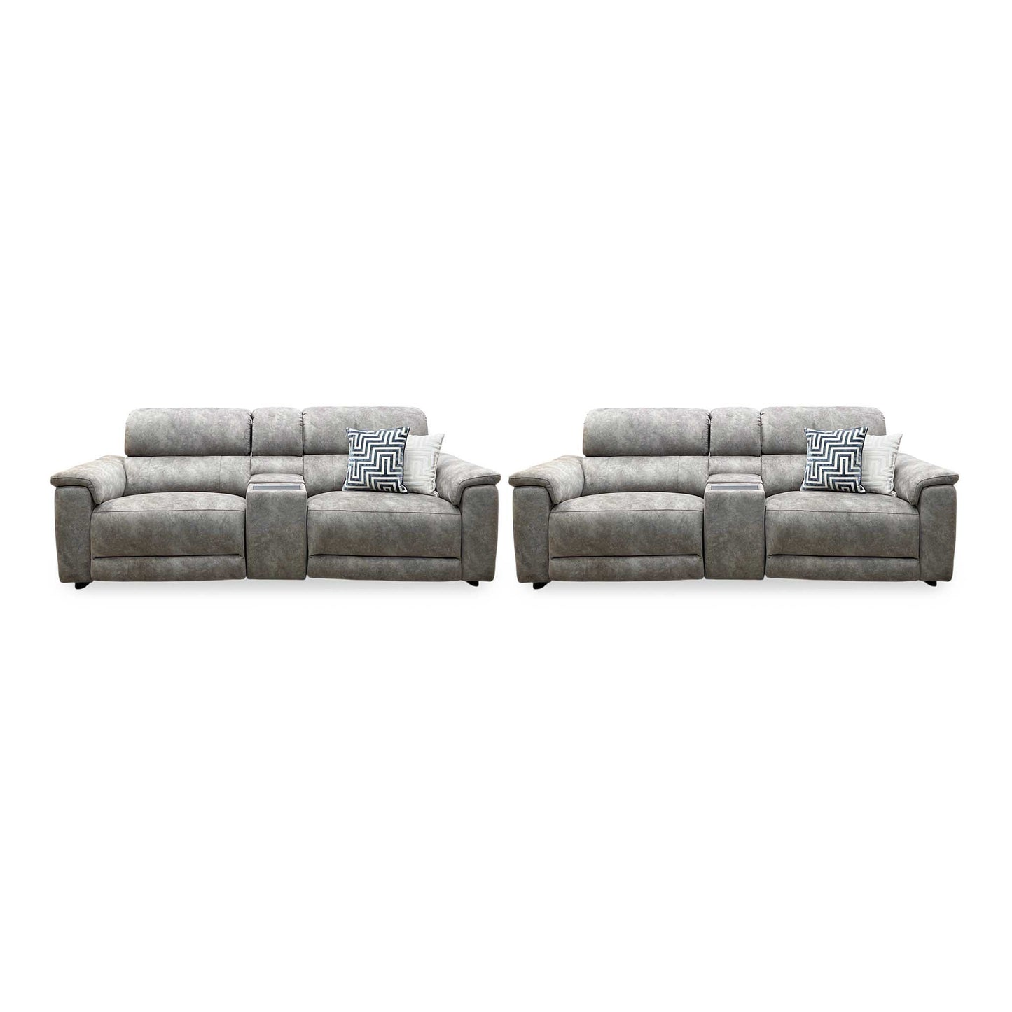 ‘Genius’ Marble Charcoal Grey Velvet Fabric 3 + 3 Seater Power Recliner Media Sofa Set with Power Headrests, Power Lumbar and Bluetooth Speakers Furniture Village