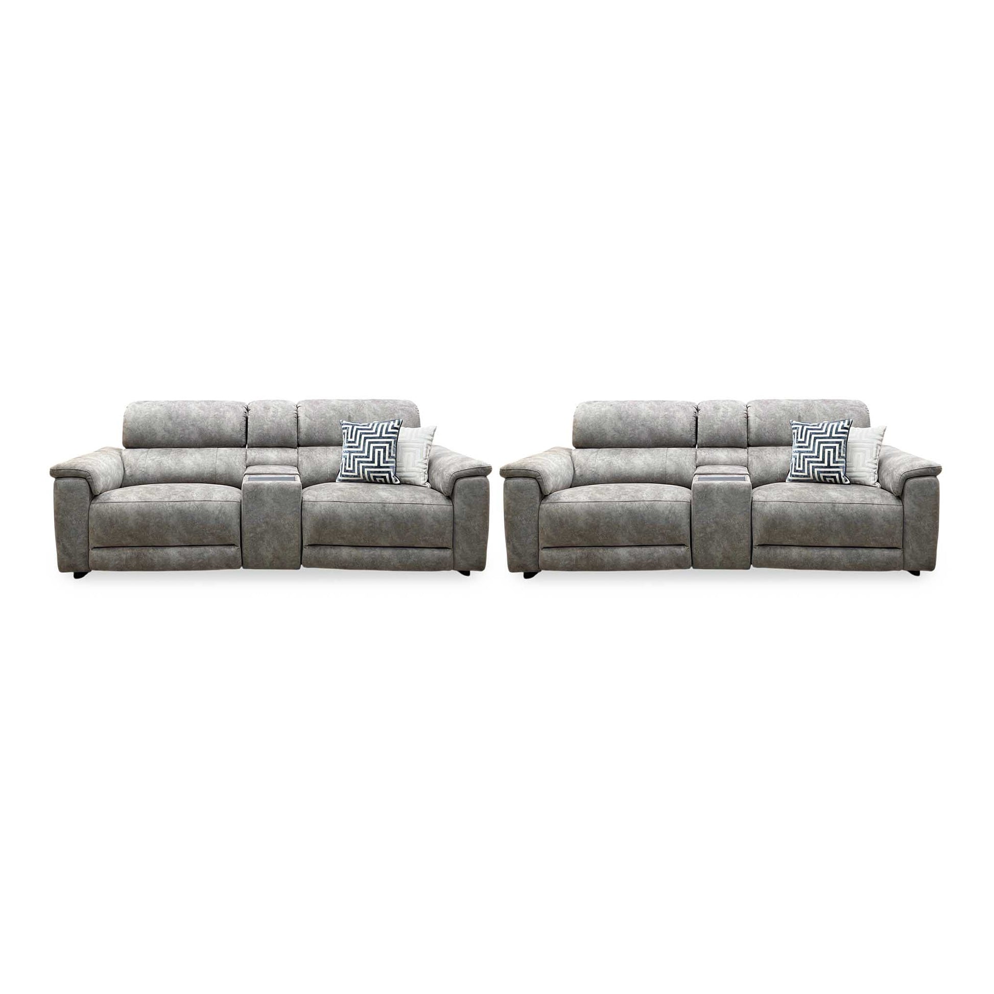 ‘Genius’ Marble Charcoal Grey Velvet Fabric 3 + 3 Seater Power Recliner Media Sofa Set with Power Headrests, Power Lumbar and Bluetooth Speakers Furniture Village