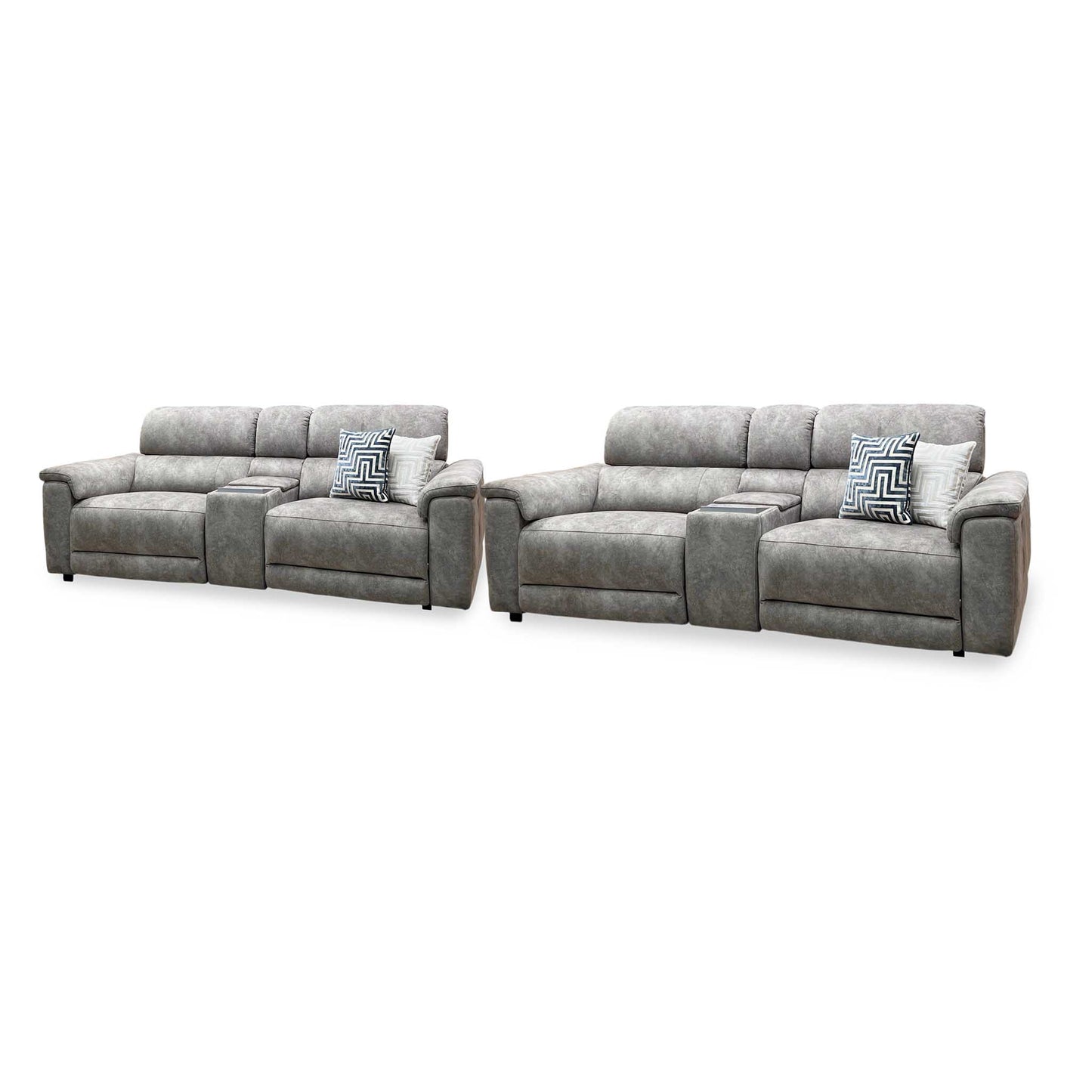 ‘Genius’ Marble Charcoal Grey Velvet Fabric 3 + 3 Seater Power Recliner Media Sofa Set with Power Headrests, Power Lumbar and Bluetooth Speakers Furniture Village