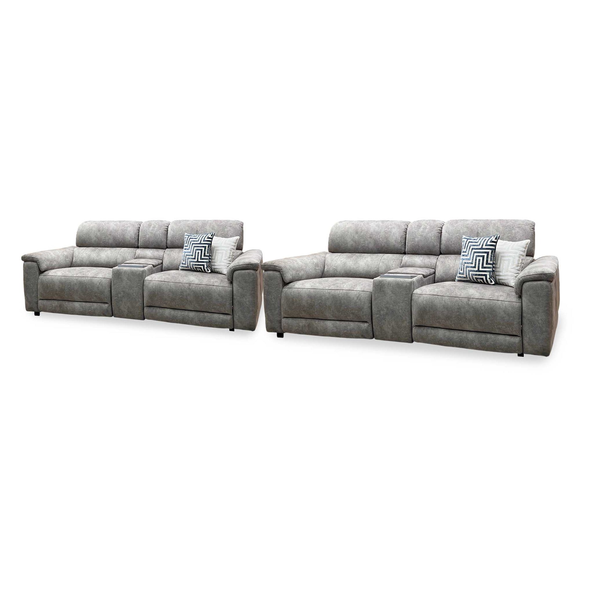 ‘Genius’ Marble Charcoal Grey Velvet Fabric 3 + 3 Seater Power Recliner Media Sofa Set with Power Headrests, Power Lumbar and Bluetooth Speakers Furniture Village