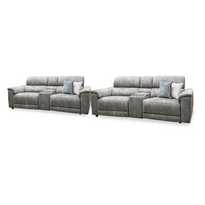 ‘Genius’ Marble Charcoal Grey Velvet Fabric 3 + 3 Seater Power Recliner Media Sofa Set with Power Headrests, Power Lumbar and Bluetooth Speakers Furniture Village
