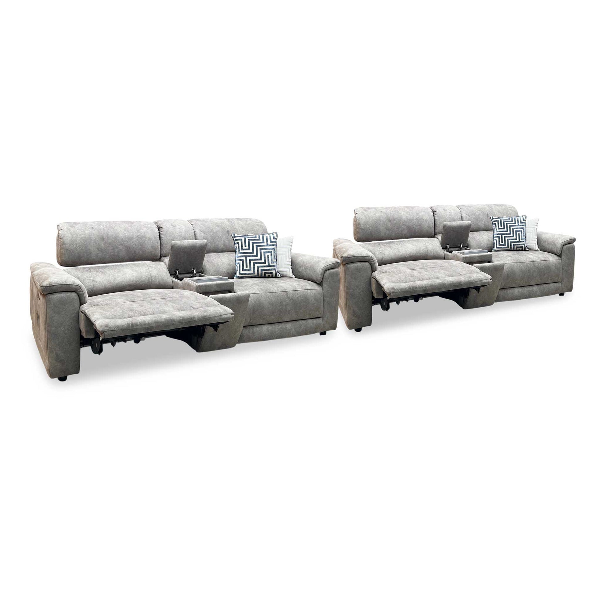 ‘Genius’ Marble Charcoal Grey Velvet Fabric 3 + 3 Seater Power Recliner Media Sofa Set with Power Headrests, Power Lumbar and Bluetooth Speakers Furniture Village