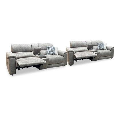 ‘Genius’ Marble Charcoal Grey Velvet Fabric 3 + 3 Seater Power Recliner Media Sofa Set with Power Headrests, Power Lumbar and Bluetooth Speakers Furniture Village