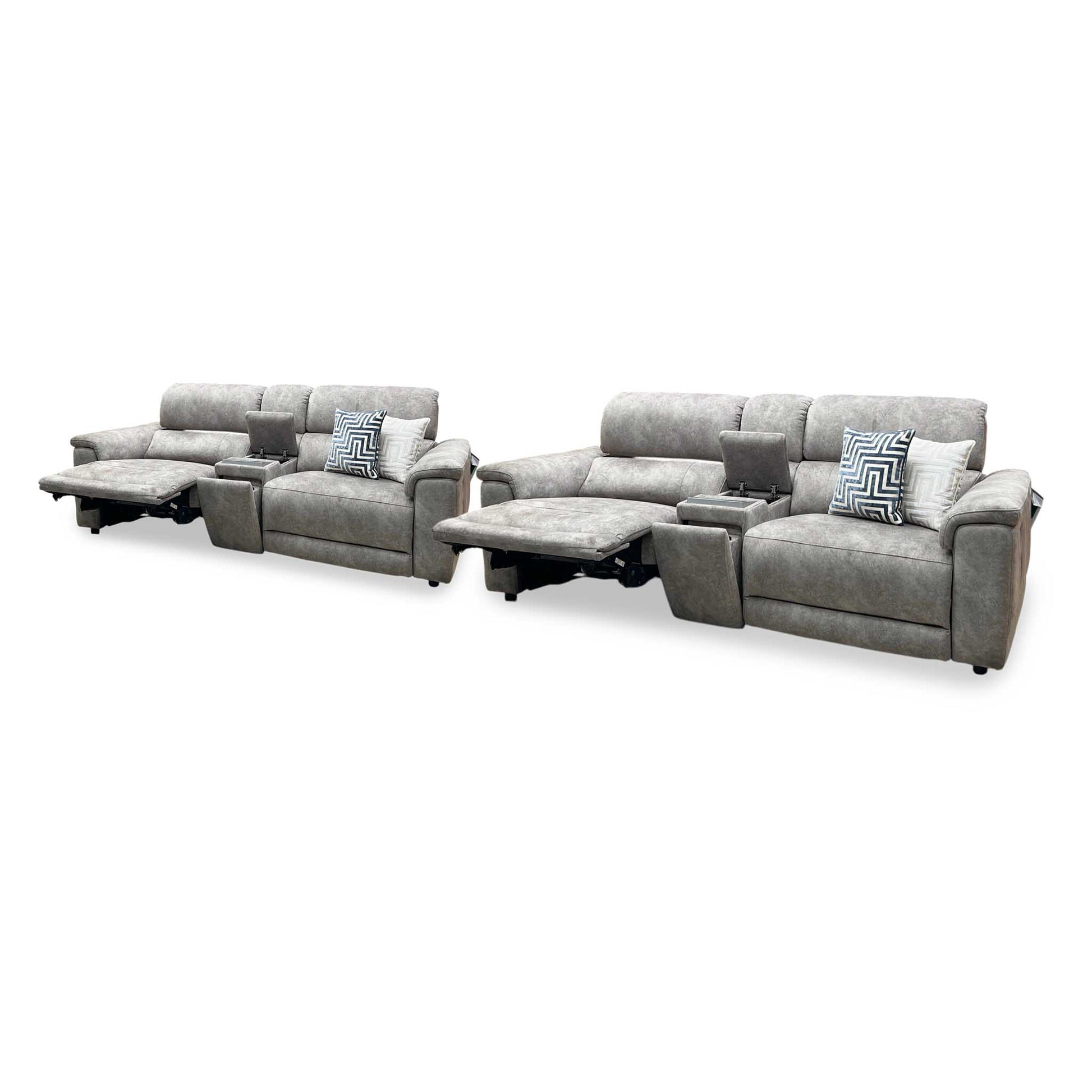 ‘Genius’ Marble Charcoal Grey Velvet Fabric 3 + 3 Seater Power Recliner Media Sofa Set with Power Headrests, Power Lumbar and Bluetooth Speakers Furniture Village