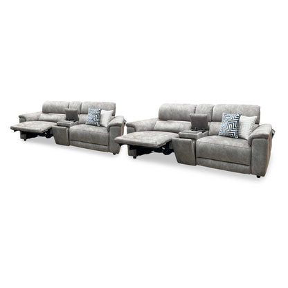 ‘Genius’ Marble Charcoal Grey Velvet Fabric 3 + 3 Seater Power Recliner Media Sofa Set with Power Headrests, Power Lumbar and Bluetooth Speakers Furniture Village