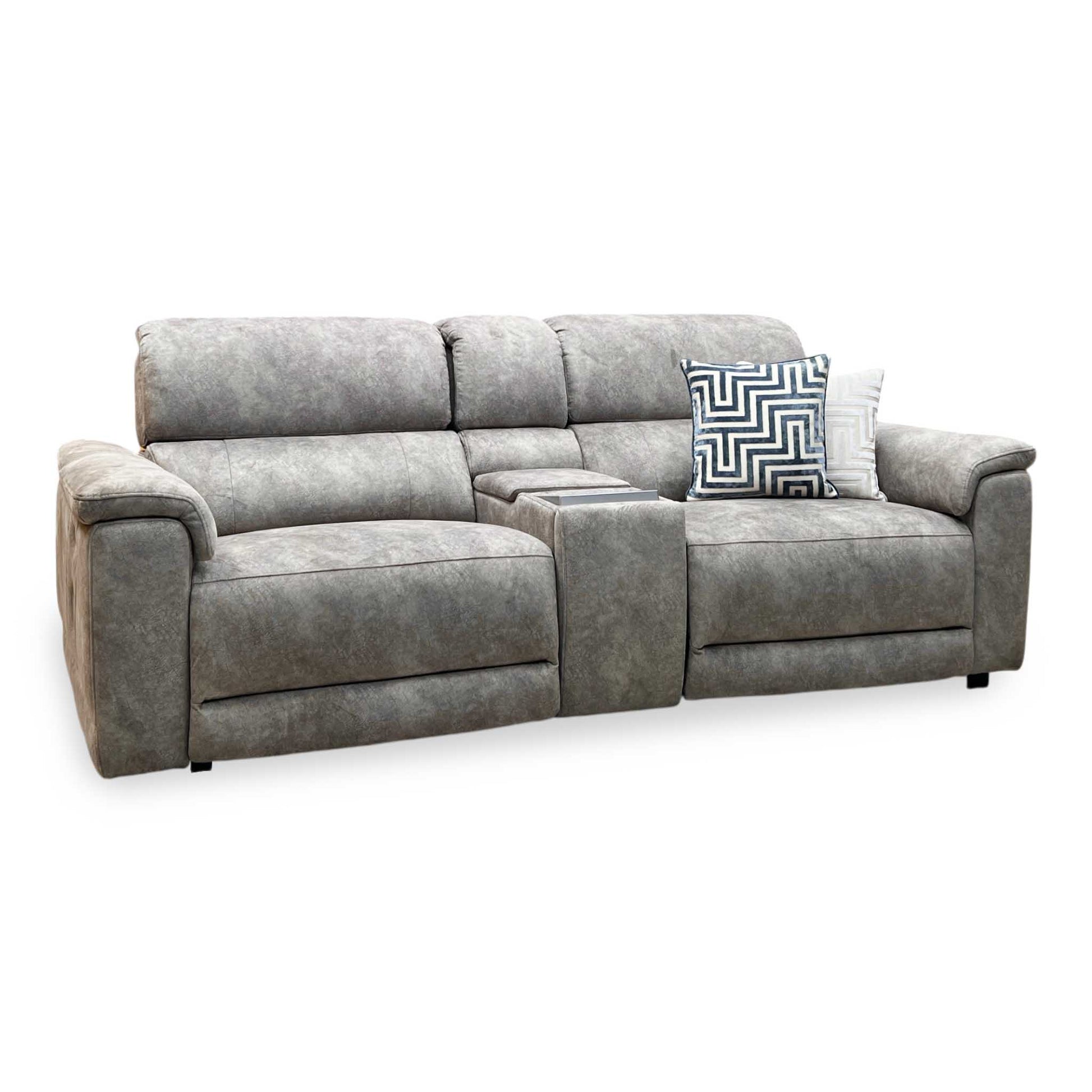 ‘Genius’ Marble Charcoal Grey Velvet Fabric 3 Seater Power Recliner Media Sofa with Power Headrests, Power Lumbar and Bluetooth Speakers Furniture Village