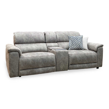 ‘Genius’ Marble Charcoal Grey Velvet Fabric 3 Seater Power Recliner Media Sofa with Power Headrests, Power Lumbar and Bluetooth Speakers Furniture Village