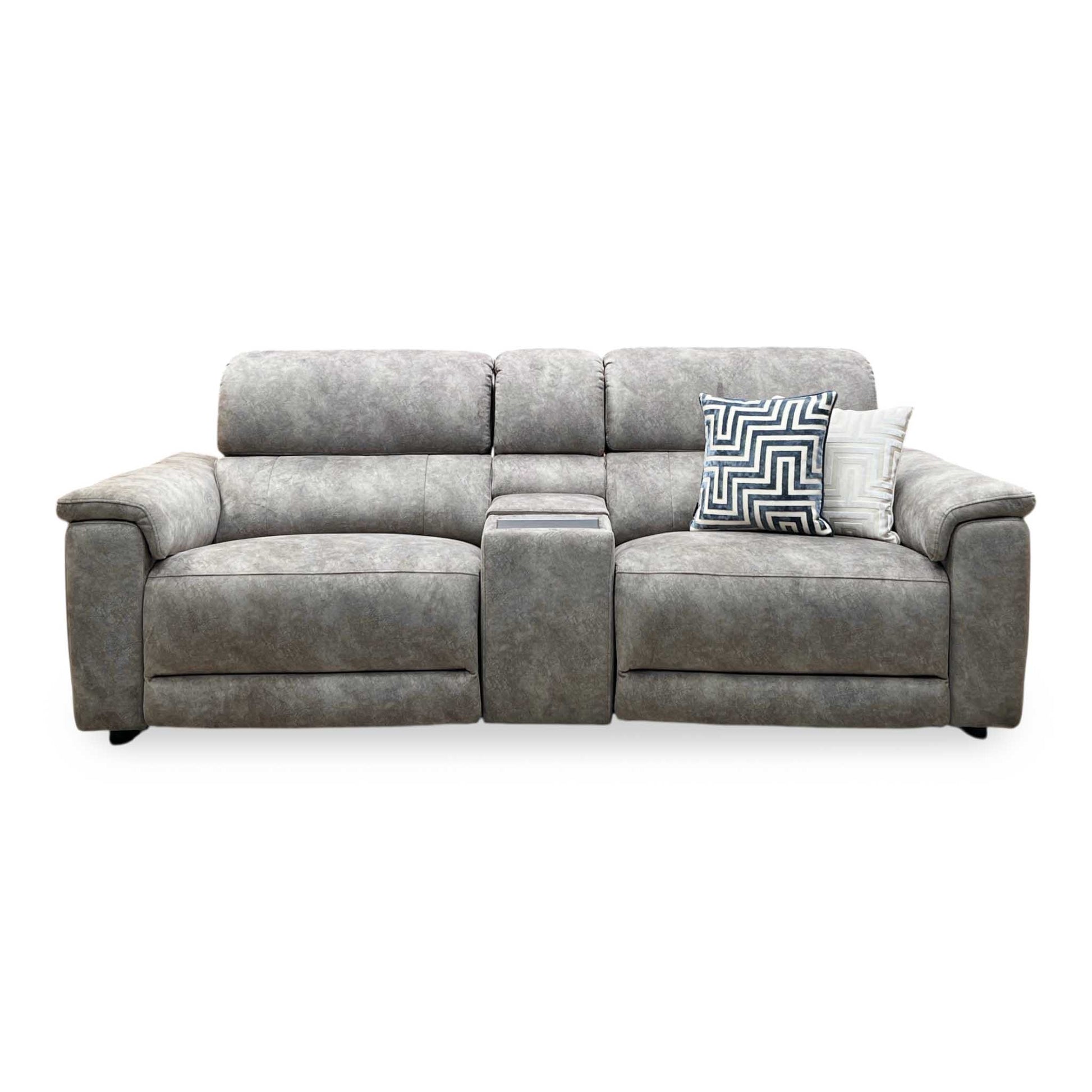 ‘Genius’ Marble Charcoal Grey Velvet Fabric 3 Seater Power Recliner Media Sofa with Power Headrests, Power Lumbar and Bluetooth Speakers Furniture Village