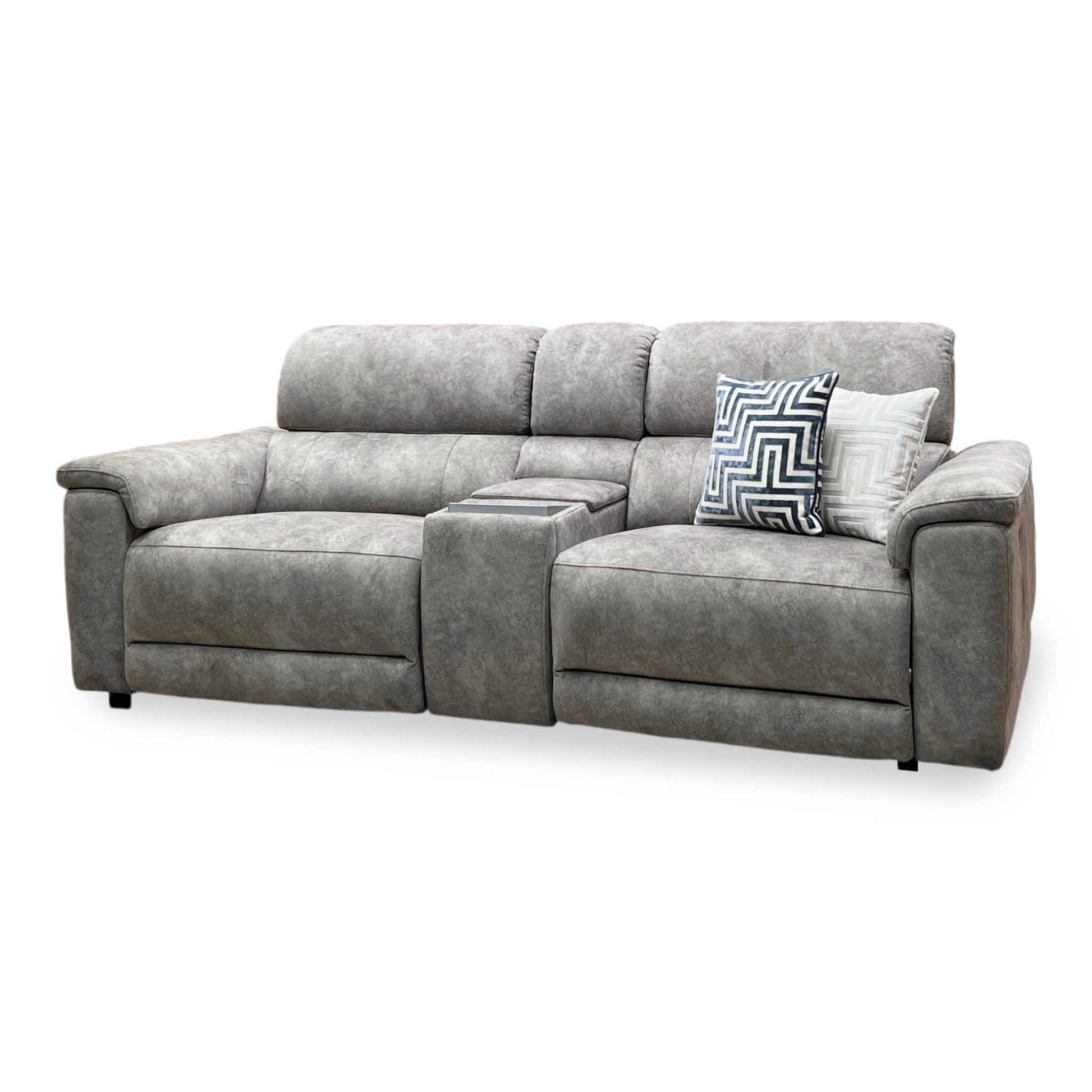 ‘Genius’ Marble Charcoal Grey Velvet Fabric 3 Seater Power Recliner Media Sofa with Power Headrests, Power Lumbar and Bluetooth Speakers Furniture Village