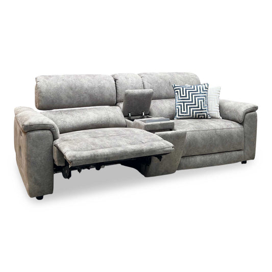‘Genius’ Marble Charcoal Grey Velvet Fabric 3 Seater Power Recliner Media Sofa with Power Headrests, Power Lumbar and Bluetooth Speakers Furniture Village