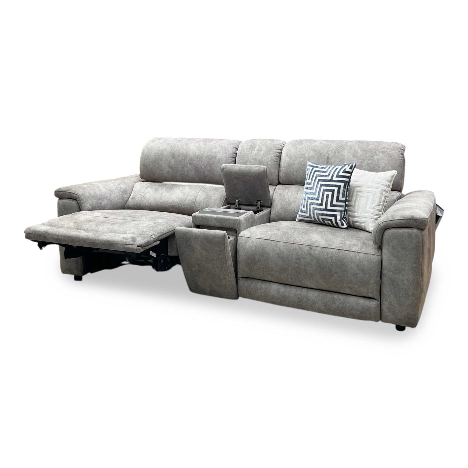 ‘Genius’ Marble Charcoal Grey Velvet Fabric 3 Seater Power Recliner Media Sofa with Power Headrests, Power Lumbar and Bluetooth Speakers Furniture Village