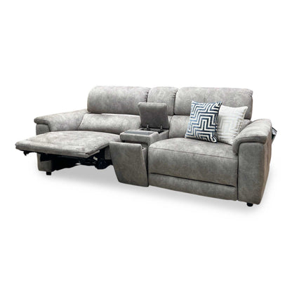 ‘Genius’ Marble Charcoal Grey Velvet Fabric 3 Seater Power Recliner Media Sofa with Power Headrests, Power Lumbar and Bluetooth Speakers Furniture Village