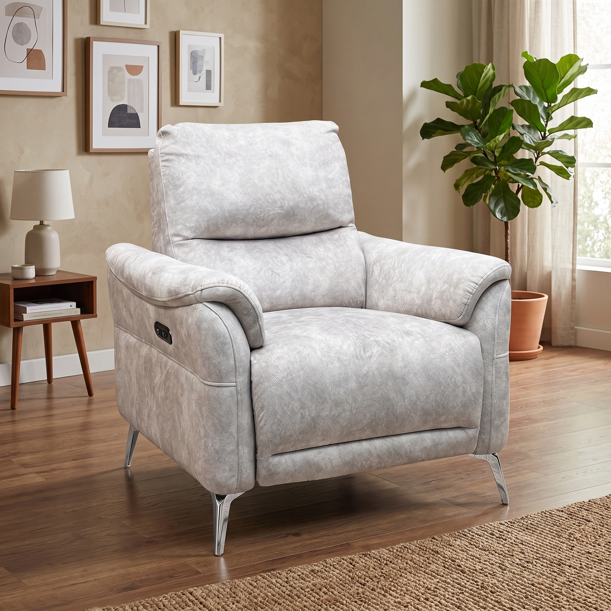 ‘Daytona’ Marble Cream Velvet Fabric Power Recliner Chair Furniture Village