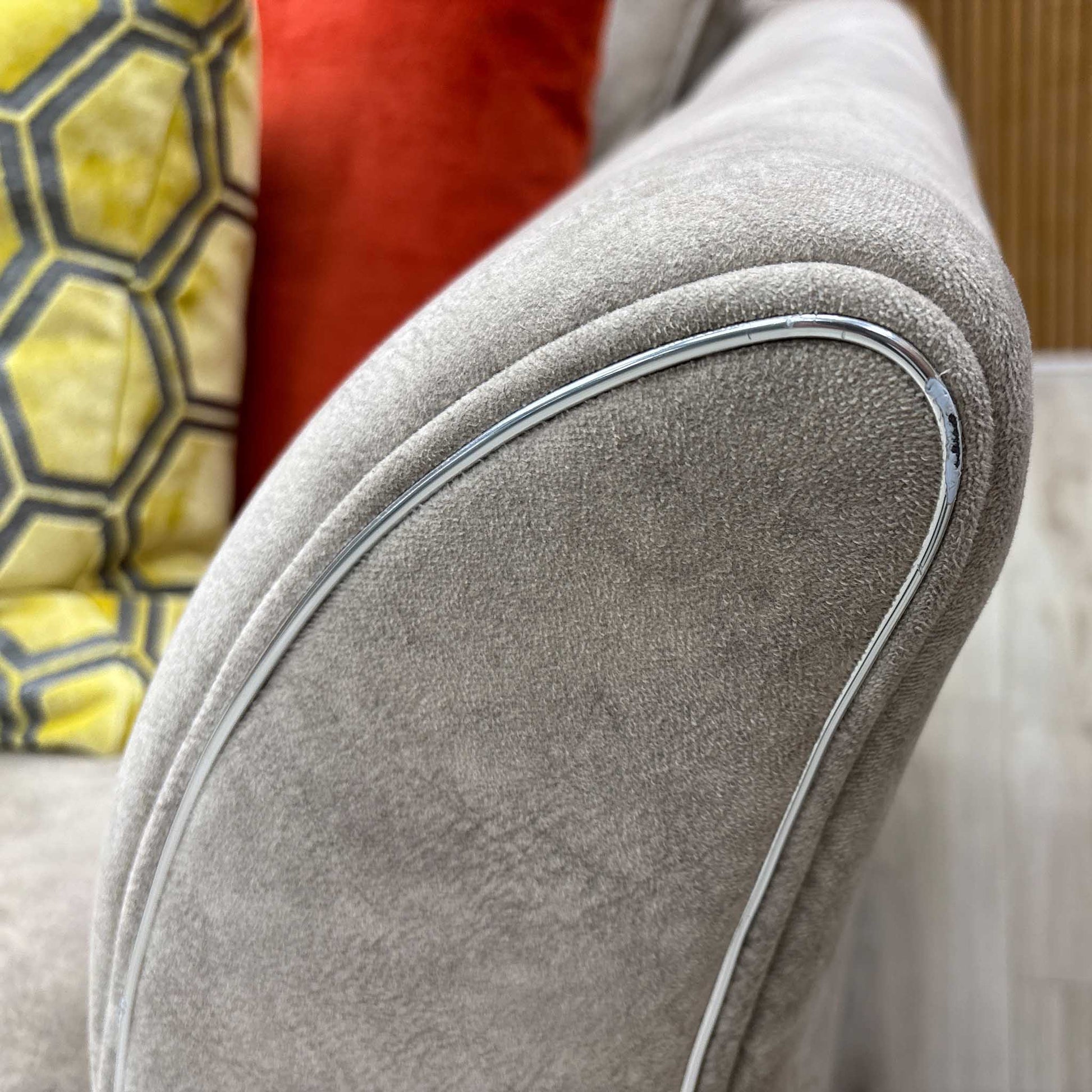‘Amora’ Dapple Cream Chrome Insert Fabric 3 Seater Sofa + Chair Furniture Village