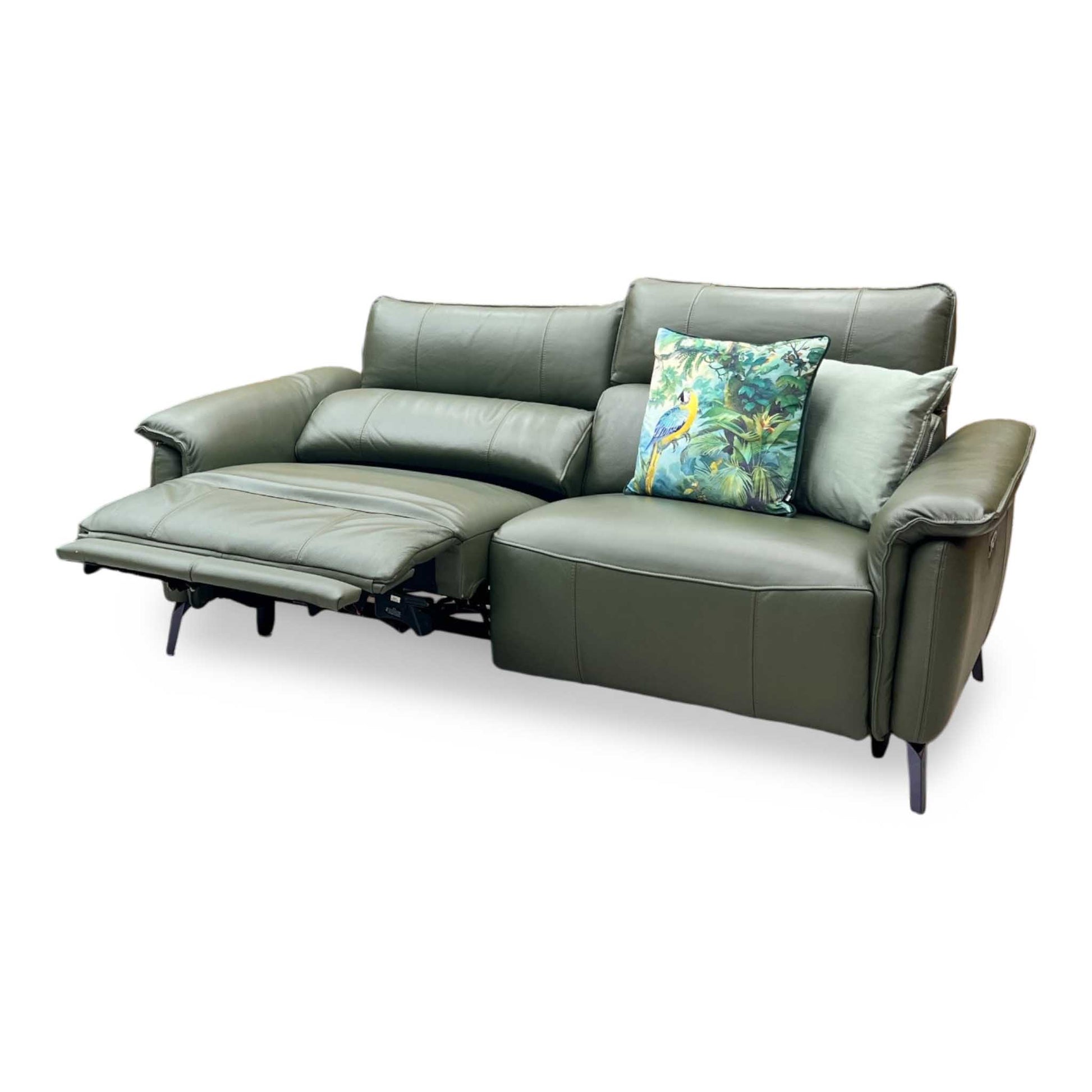 ‘Jude' Oslo Pine Green Cat-40_10 Leather 3 Seater Power Recliner Sofa with Telescopic Headrests Furniture Village
