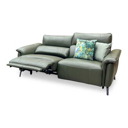‘Jude' Oslo Pine Green Cat-40_10 Leather 3 Seater Power Recliner Sofa with Telescopic Headrests Furniture Village