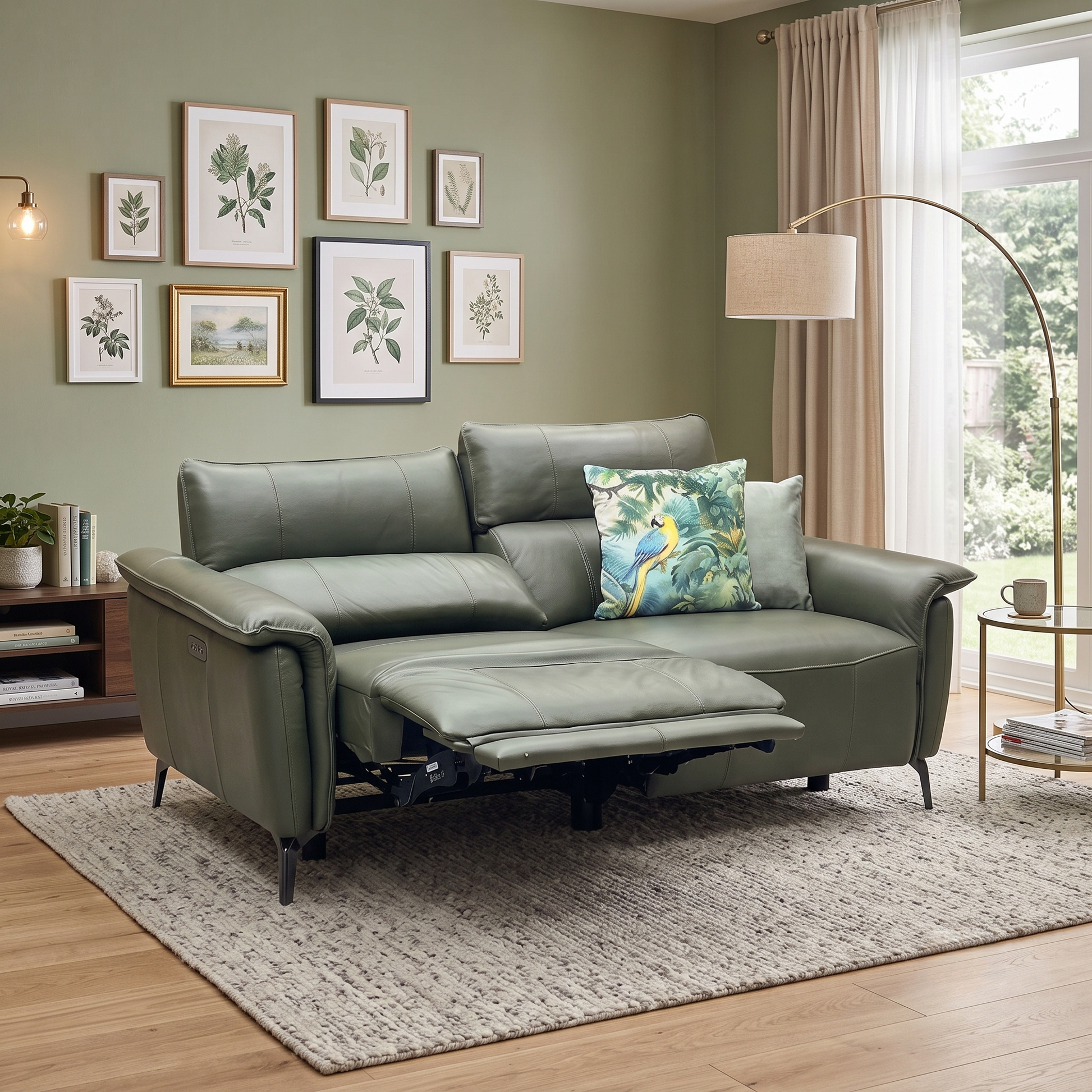 ‘Jude' Oslo Pine Green Cat-40_10 Leather 3 Seater Power Recliner Sofa with Telescopic Headrests Furniture Village