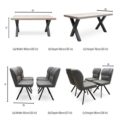 Bodahl ‘Terra’ 8 Vintage Grey Solid Oak 160cm Straight Edge Compact Dining Table with Steel Grey Fabric Set of 4 Swivel Dining Chairs Furniture Village