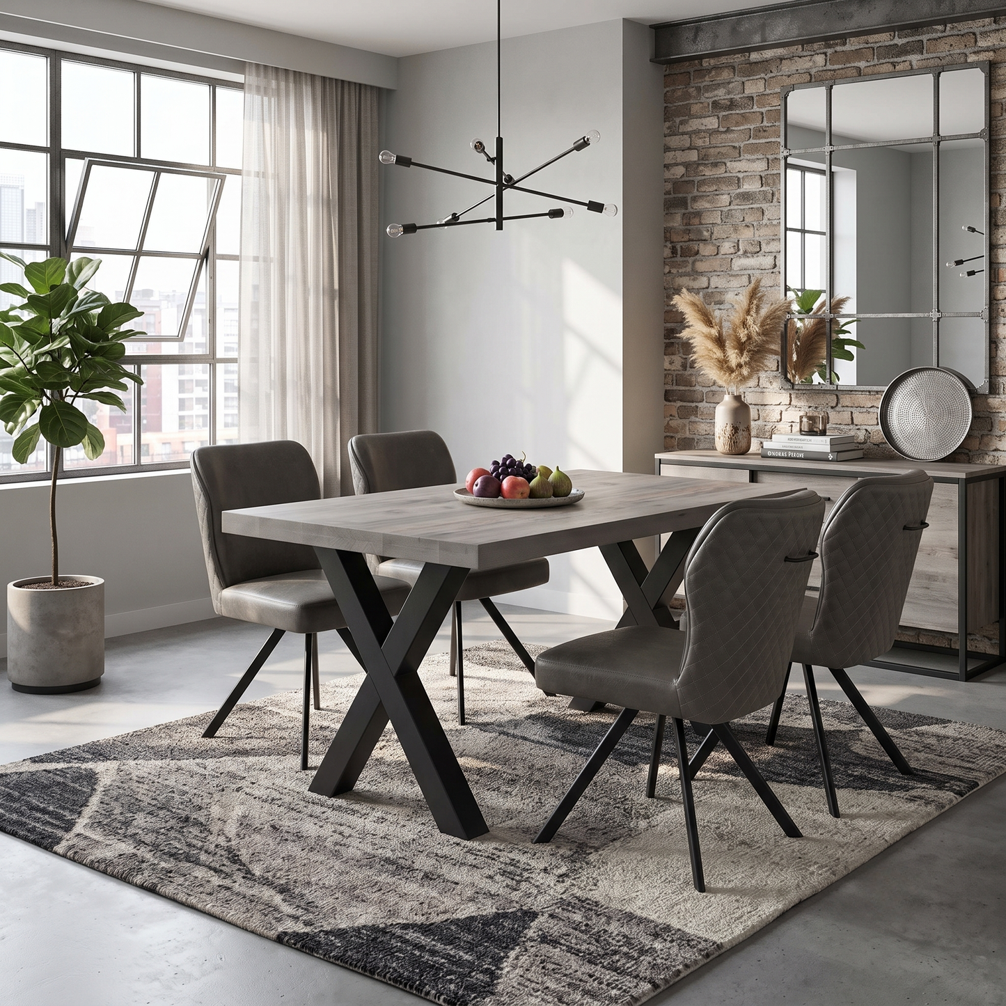 Bodahl ‘Terra’ 8 Vintage Grey Solid Oak 160cm Straight Edge Compact Dining Table with Steel Grey Fabric Set of 4 Swivel Dining Chairs Furniture Village