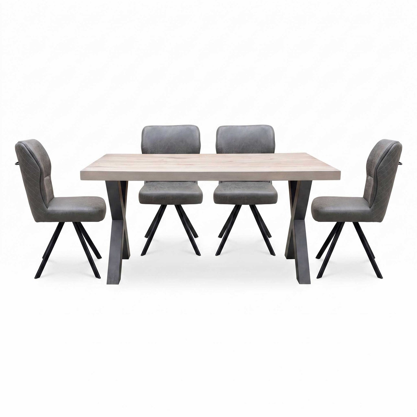 Bodahl ‘Terra’ 8 Vintage Grey Solid Oak 160cm Straight Edge Compact Dining Table with Steel Grey Fabric Set of 4 Swivel Dining Chairs Furniture Village