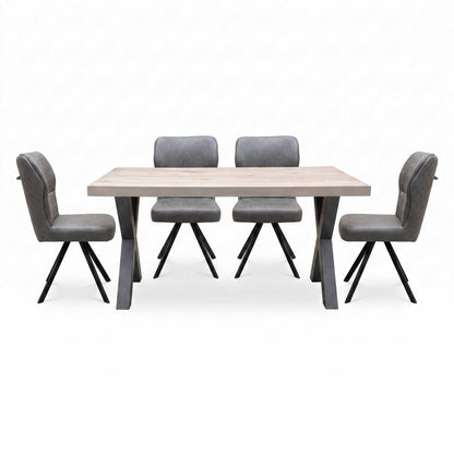 Bodahl ‘Terra’ 8 Vintage Grey Solid Oak 160cm Straight Edge Compact Dining Table with Steel Grey Fabric Set of 4 Swivel Dining Chairs Furniture Village
