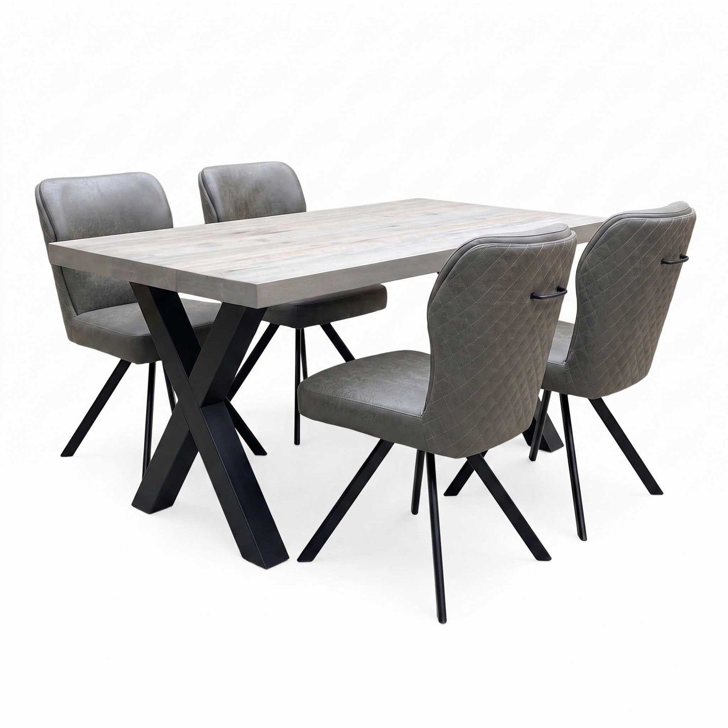 Bodahl ‘Terra’ 8 Vintage Grey Solid Oak 160cm Straight Edge Compact Dining Table with Steel Grey Fabric Set of 4 Swivel Dining Chairs Furniture Village