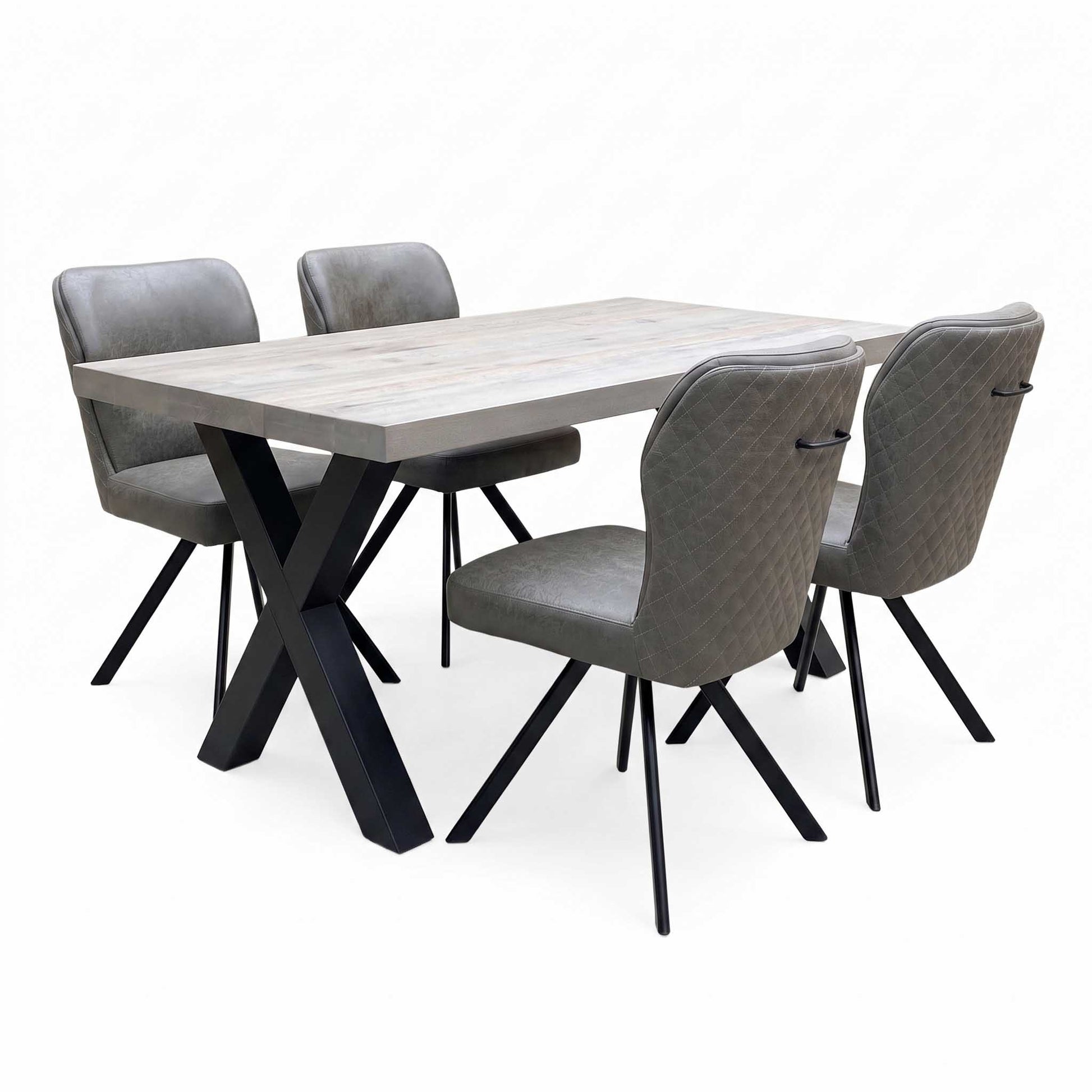 Bodahl ‘Terra’ 8 Vintage Grey Solid Oak 160cm Straight Edge Compact Dining Table with Steel Grey Fabric Set of 4 Swivel Dining Chairs Furniture Village