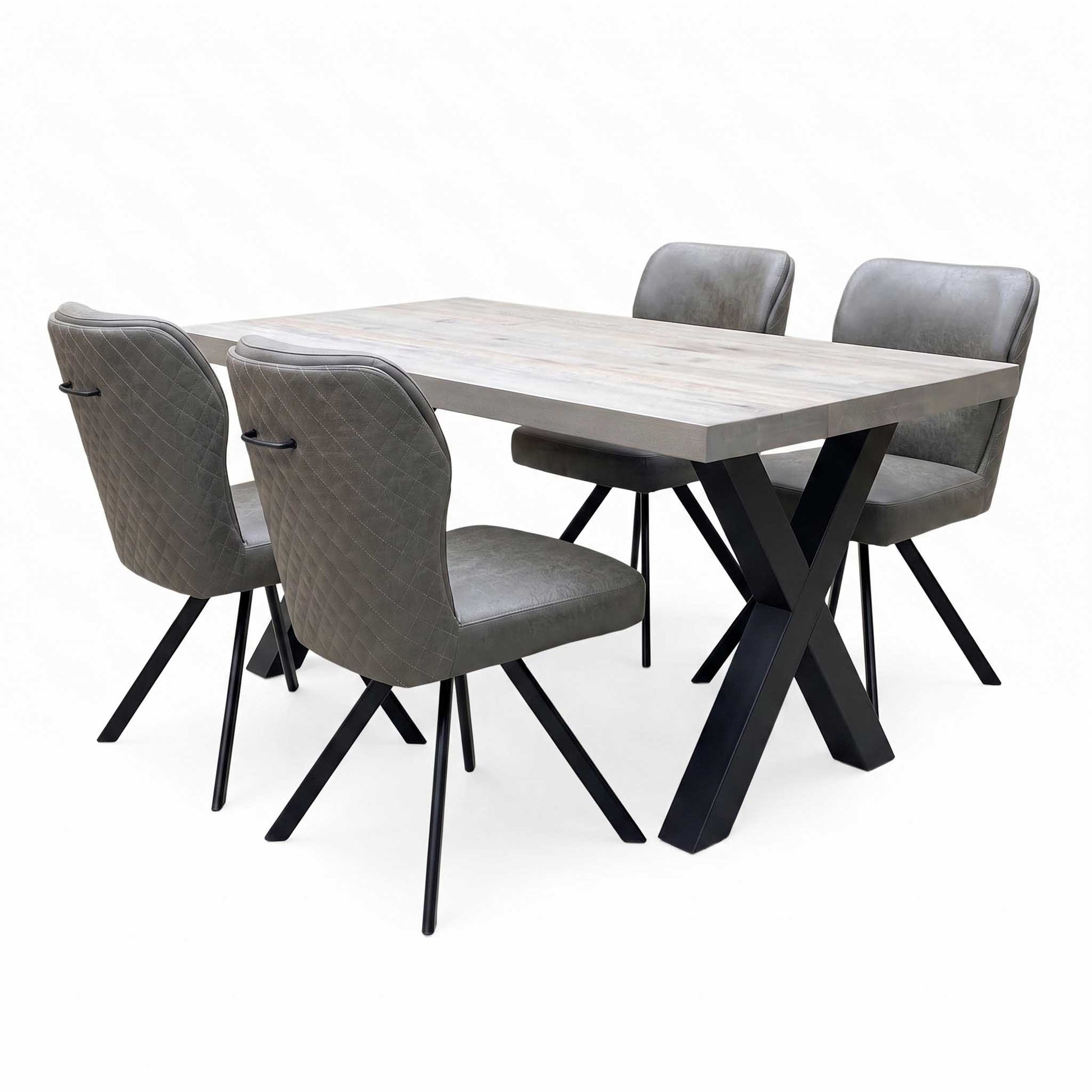 Bodahl ‘Terra’ 8 Vintage Grey Solid Oak 160cm Straight Edge Compact Dining Table with Steel Grey Fabric Set of 4 Swivel Dining Chairs Furniture Village