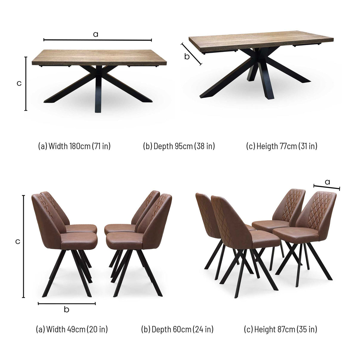 'Jupiter' Dark Oak Solid Oak 180cm Star Base Dining Table with Tan Brown Faux Leather Set of 4 Swivel Dining Chairs
