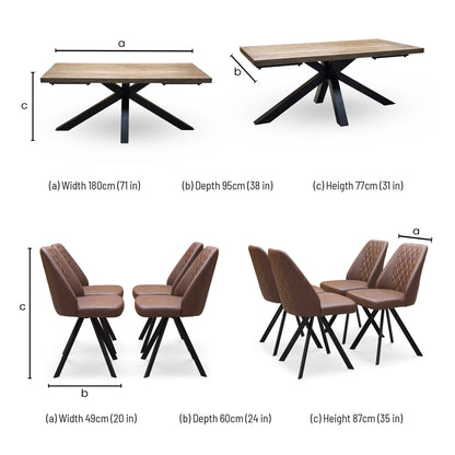 'Jupiter' Dark Oak Solid Oak 180cm Star Base Dining Table with Tan Brown Faux Leather Set of 4 Swivel Dining Chairs