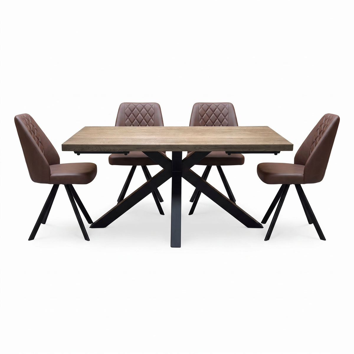 'Jupiter' Dark Oak Solid Oak 180cm Star Base Dining Table with Tan Brown Faux Leather Set of 4 Swivel Dining Chairs