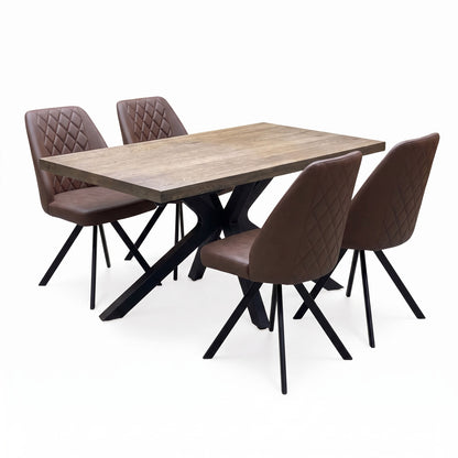 'Jupiter' Dark Oak Solid Oak 180cm Star Base Dining Table with Tan Brown Faux Leather Set of 4 Swivel Dining Chairs