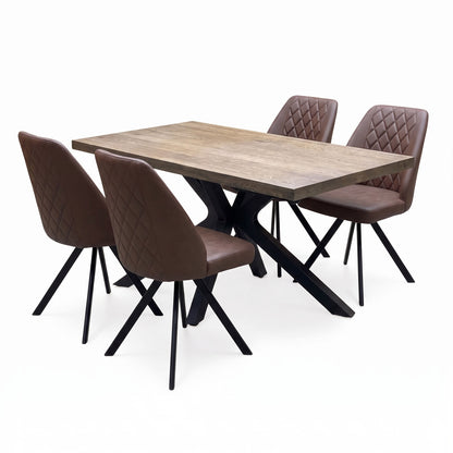 'Jupiter' Dark Oak Solid Oak 180cm Star Base Dining Table with Tan Brown Faux Leather Set of 4 Swivel Dining Chairs