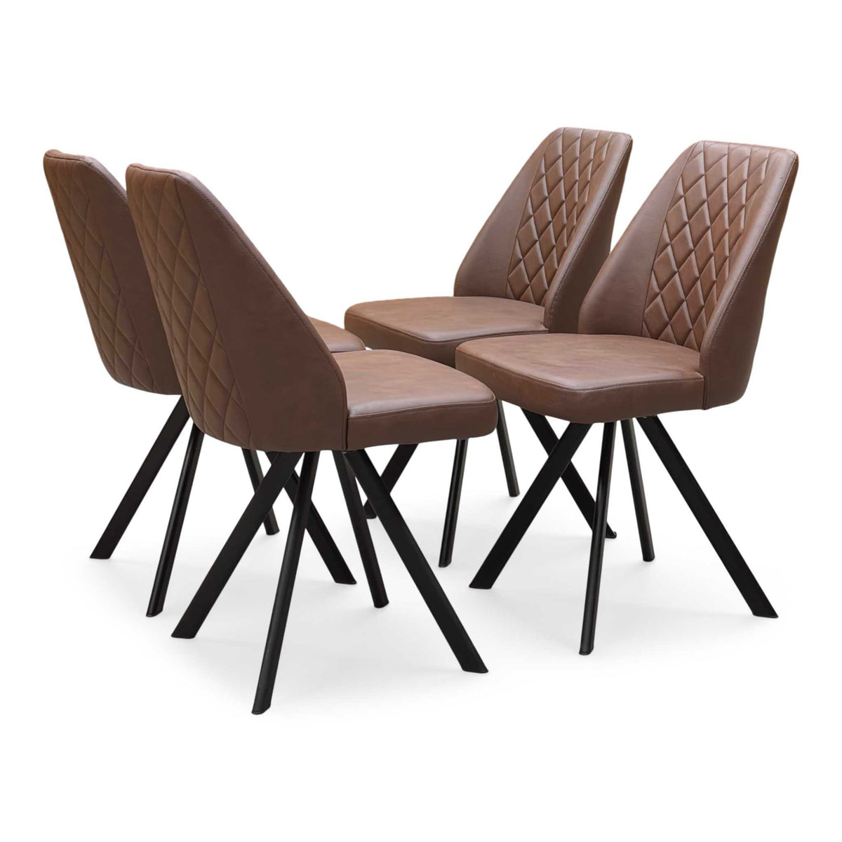 'Jupiter' Dark Oak Solid Oak 180cm Star Base Dining Table with Tan Brown Faux Leather Set of 4 Swivel Dining Chairs