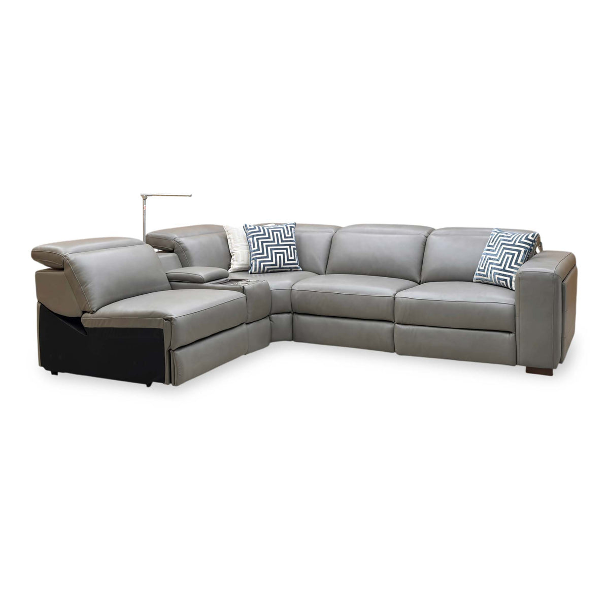 Ankara’ Mushroom Grey Leather Left Hand Facing Power Recliner Corner Sofa with Storage, Cup holders, Wireless Charging and Reading Light