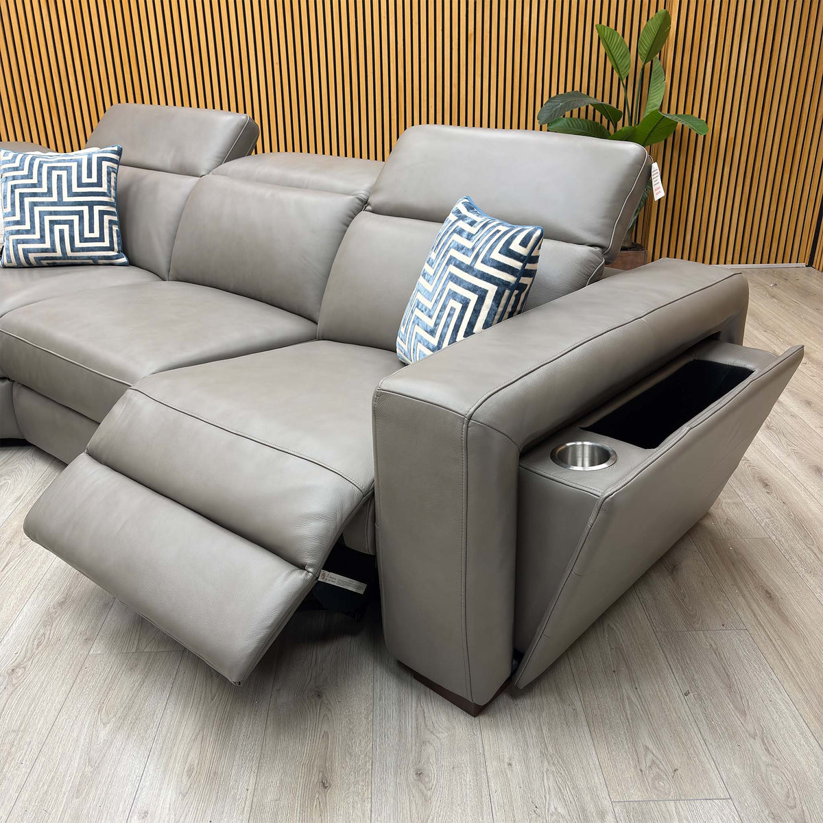 Ankara’ Mushroom Grey Leather Left Hand Facing Power Recliner Corner Sofa with Storage, Cup holders, Wireless Charging and Reading Light
