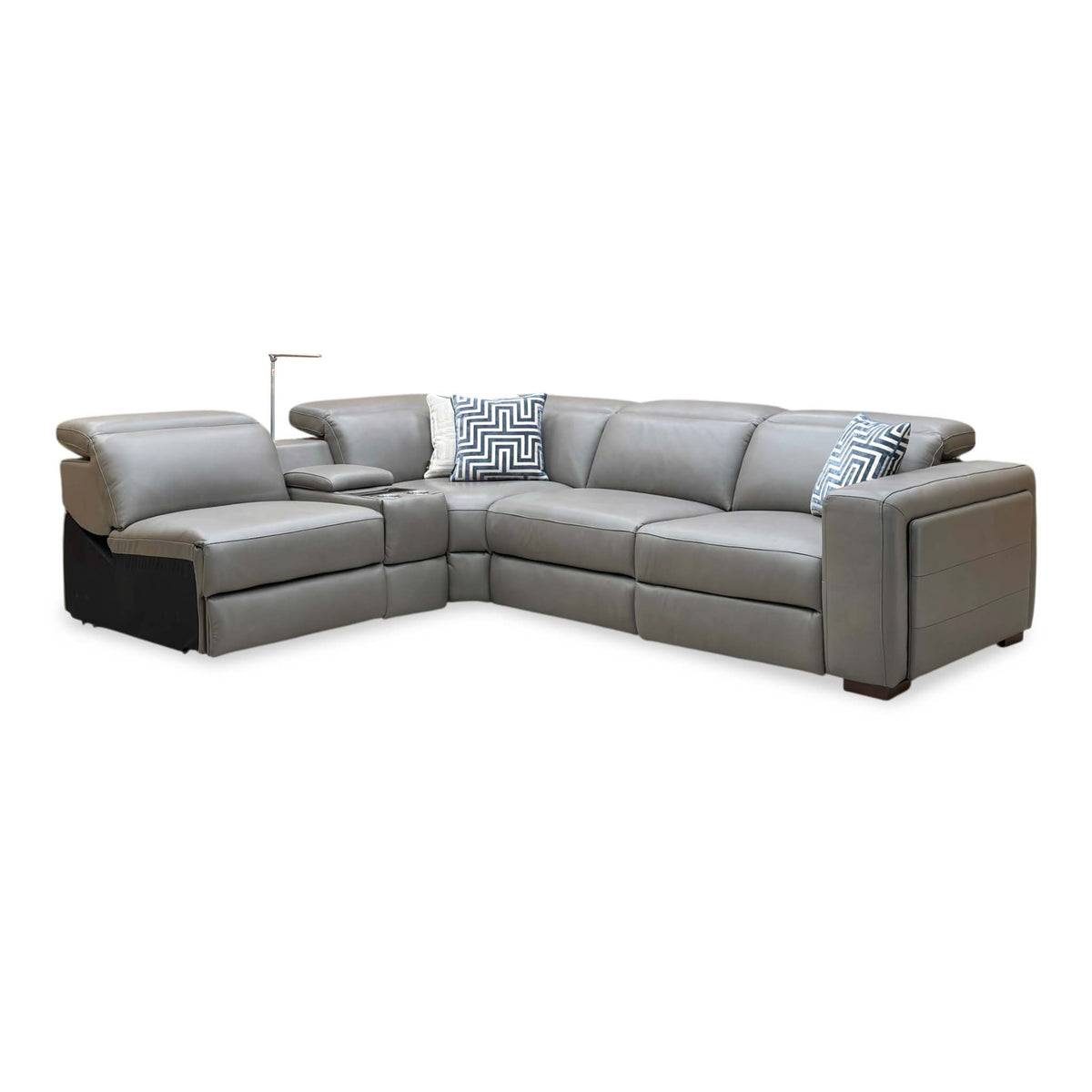 Ankara’ Mushroom Grey Leather Left Hand Facing Power Recliner Corner Sofa with Storage, Cup holders, Wireless Charging and Reading Light