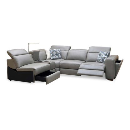Ankara’ Mushroom Grey Leather Left Hand Facing Power Recliner Corner Sofa with Storage, Cup holders, Wireless Charging and Reading Light