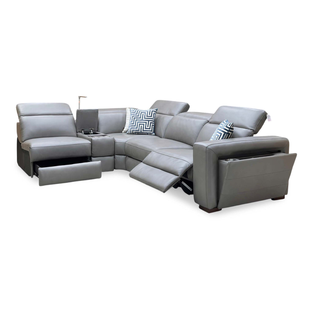 Ankara’ Mushroom Grey Leather Left Hand Facing Power Recliner Corner Sofa with Storage, Cup holders, Wireless Charging and Reading Light