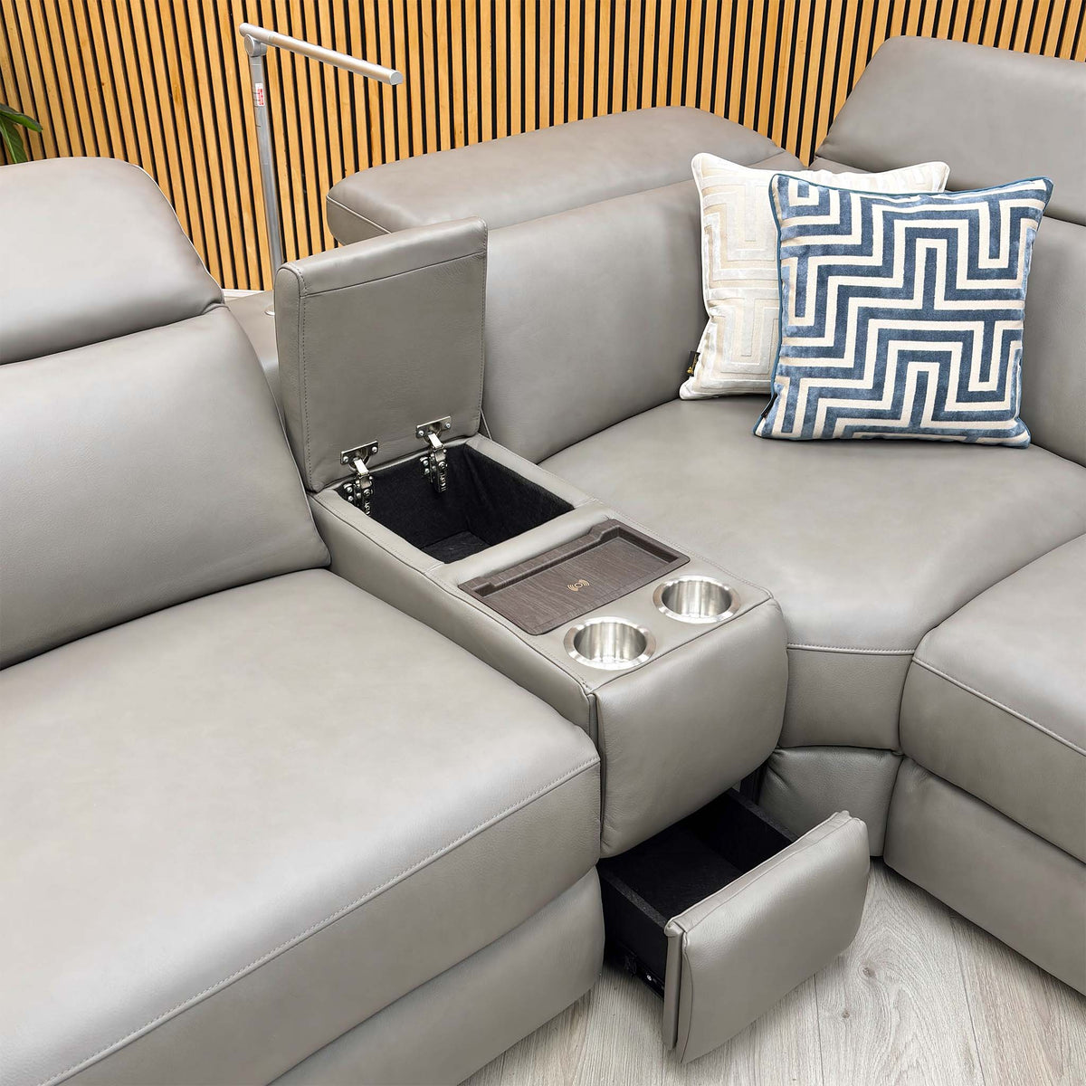 Ankara’ Mushroom Grey Leather Left Hand Facing Power Recliner Corner Sofa with Storage, Cup holders, Wireless Charging and Reading Light