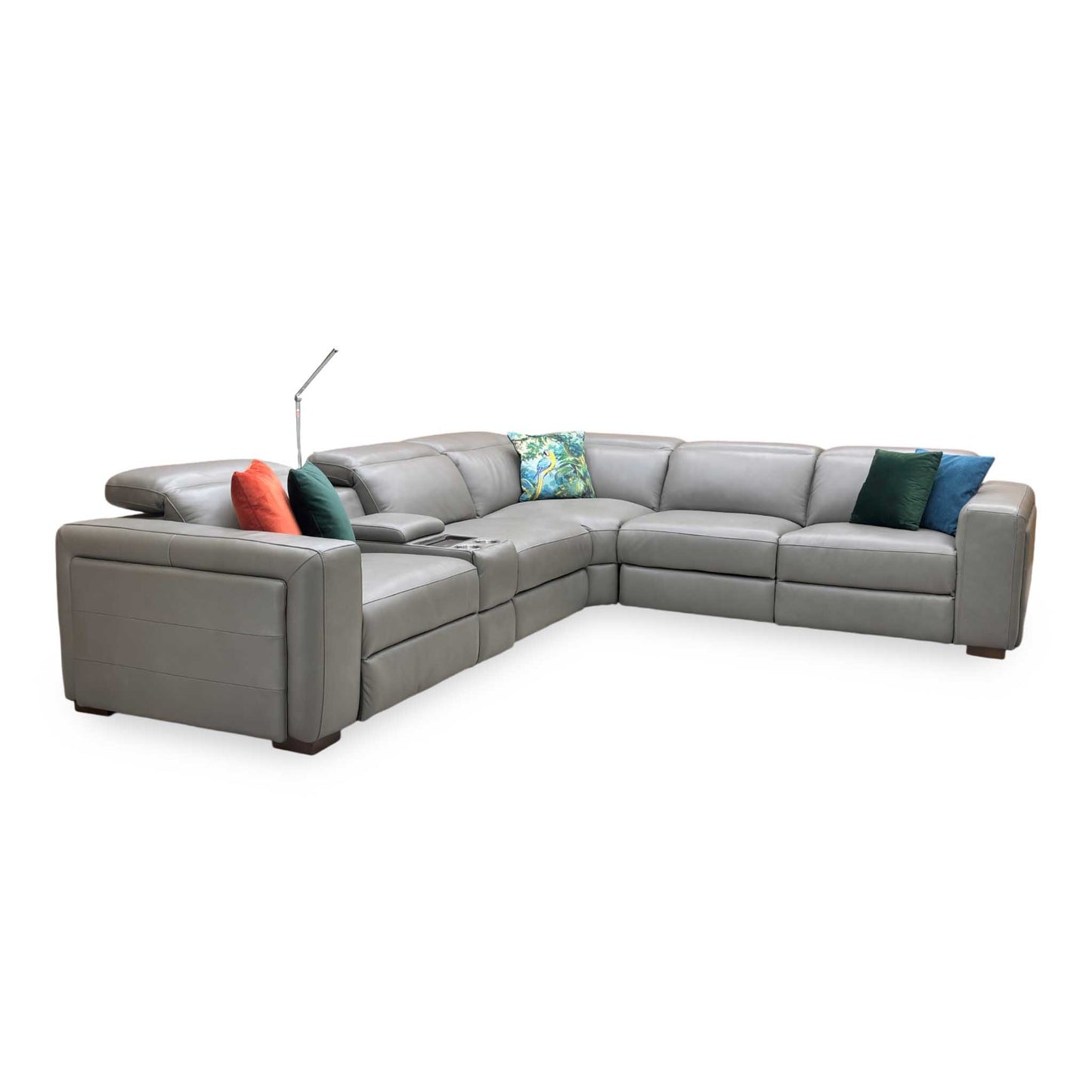 ‘Ankara’ Mushroom Grey Leather Large Modular Power Recliner Corner Sofa with Storage, Cup holders, Wireless Charging and Reading Light Direct From Manufacturer