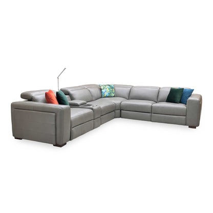 ‘Ankara’ Mushroom Grey Leather Large Modular Power Recliner Corner Sofa with Storage, Cup holders, Wireless Charging and Reading Light Direct From Manufacturer