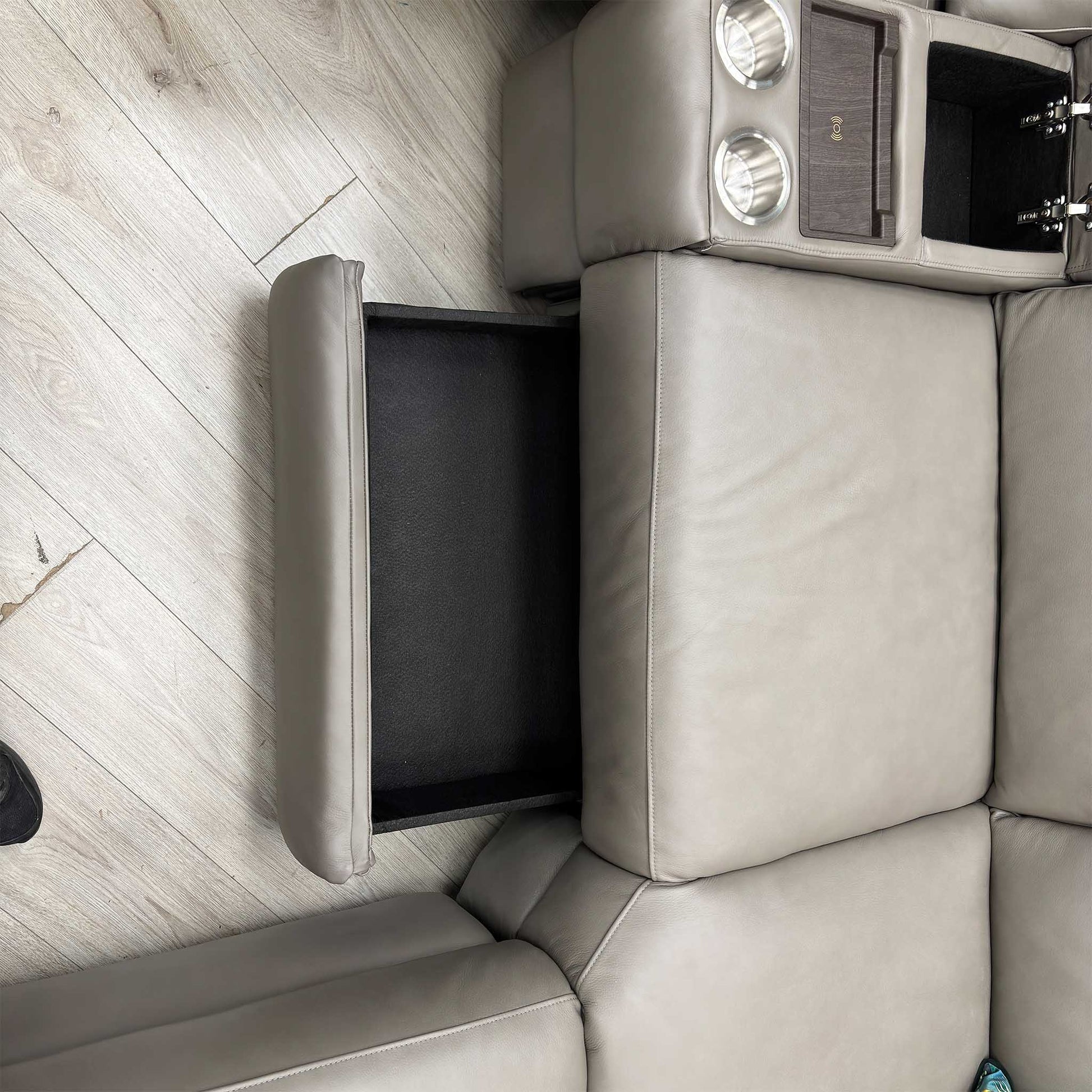 ‘Ankara’ Mushroom Grey Leather Large Modular Power Recliner Corner Sofa with Storage, Cup holders, Wireless Charging and Reading Light Direct From Manufacturer