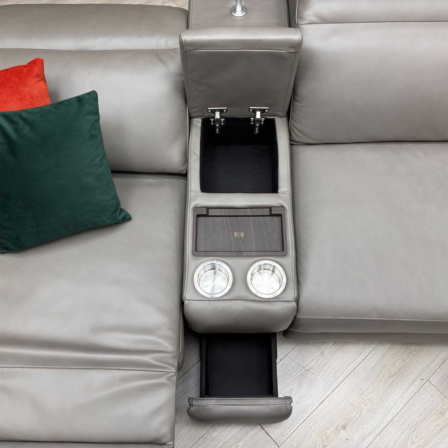 ‘Ankara’ Mushroom Grey Leather Large Modular Power Recliner Corner Sofa with Storage, Cup holders, Wireless Charging and Reading Light Direct From Manufacturer