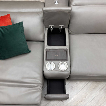 ‘Ankara’ Mushroom Grey Leather Large Modular Power Recliner Corner Sofa with Storage, Cup holders, Wireless Charging and Reading Light Direct From Manufacturer